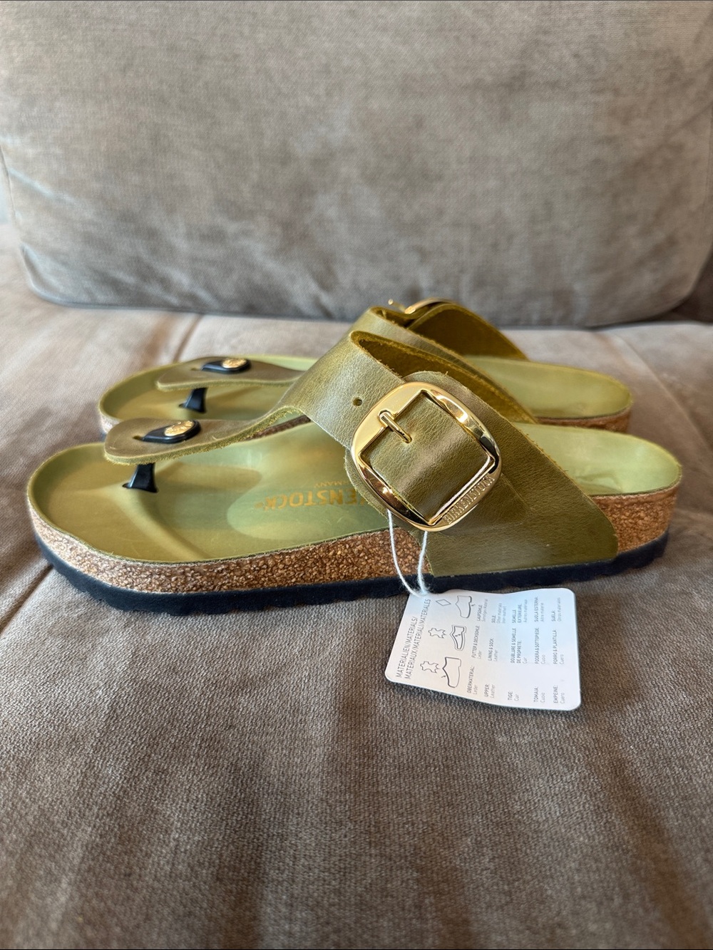Birkenstock Gold Big Buckle Gizeh Olive Green Thong Sandals - Picture 7 of 8